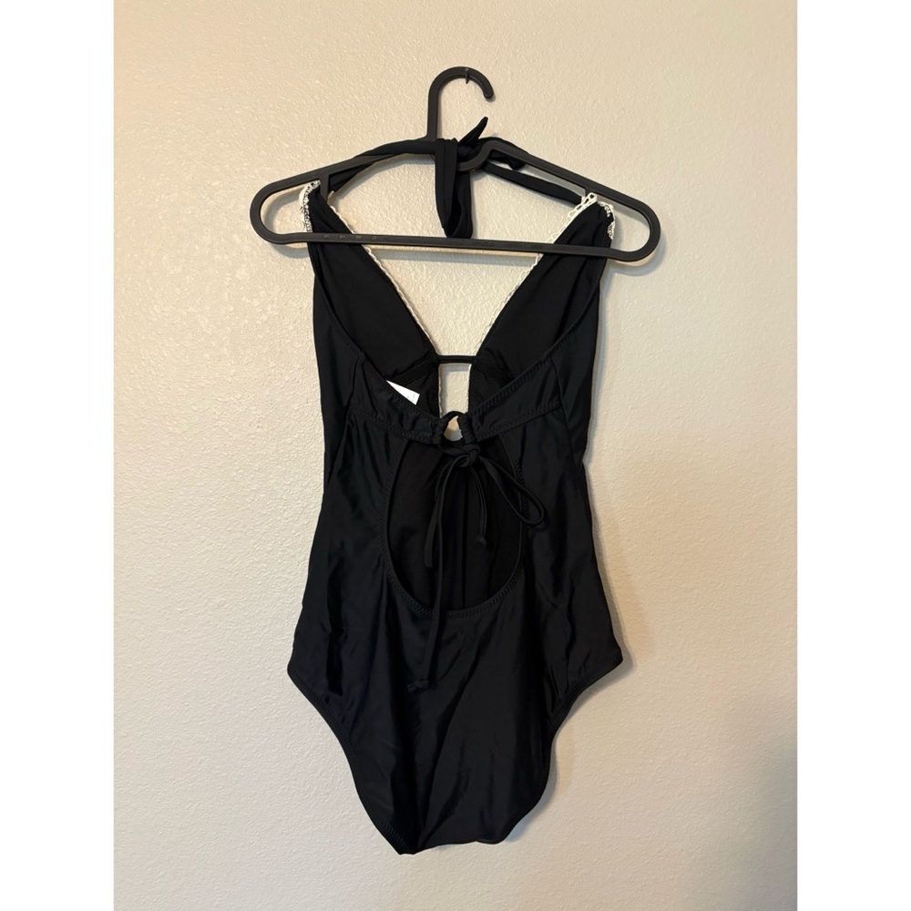 Kona Sol | NWOT Crochet Lace Trim Plunge Halter One Piece Swimsuit (Black/White) - Picture 4 of 7